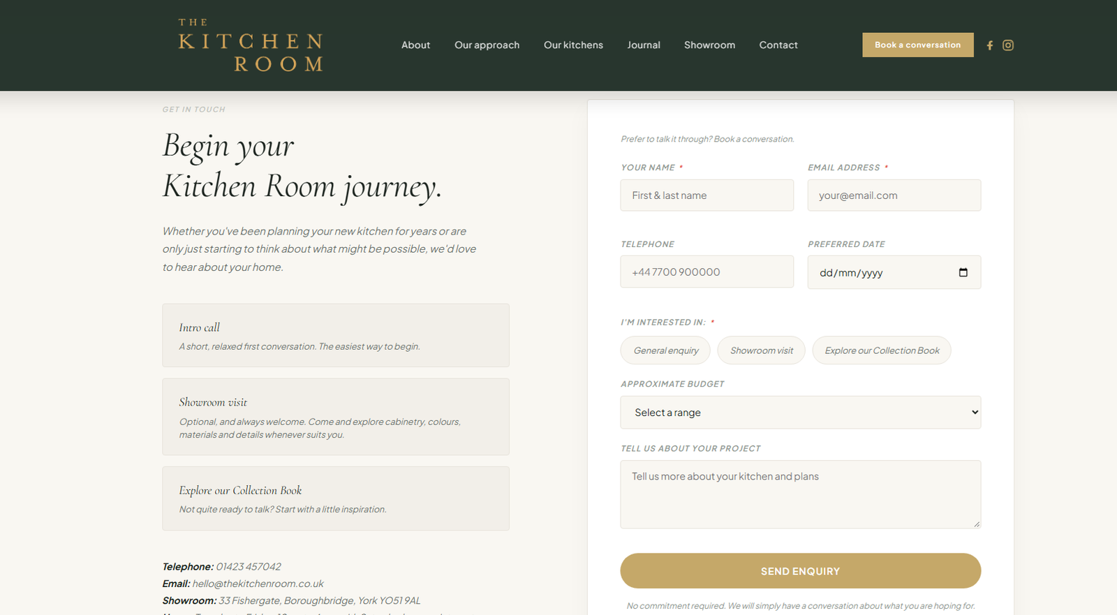 Booking options on The Kitchen Room website