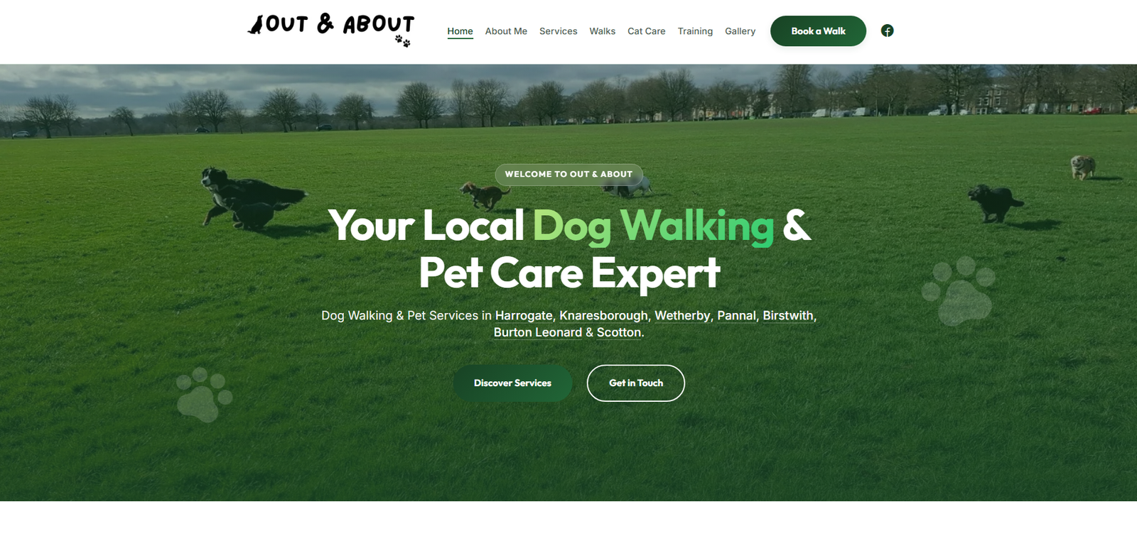 Screenshot of the Out & About pet care website